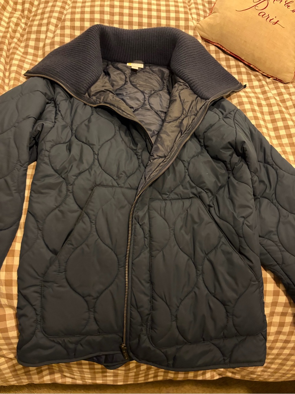 Women's Navy Quilted Jacket with Funnel Collar